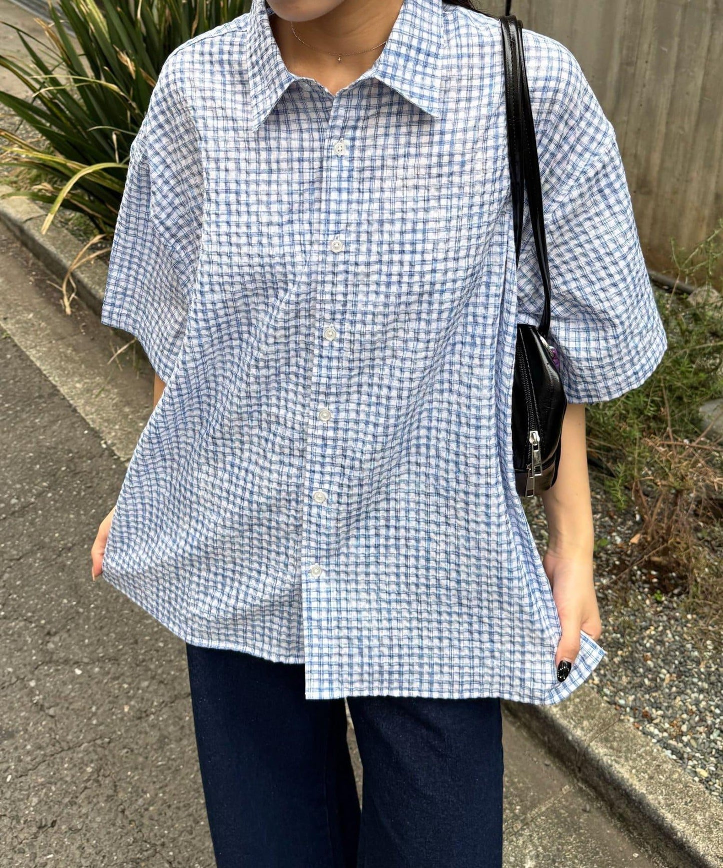 格紋泡泡紗短袖襯衫