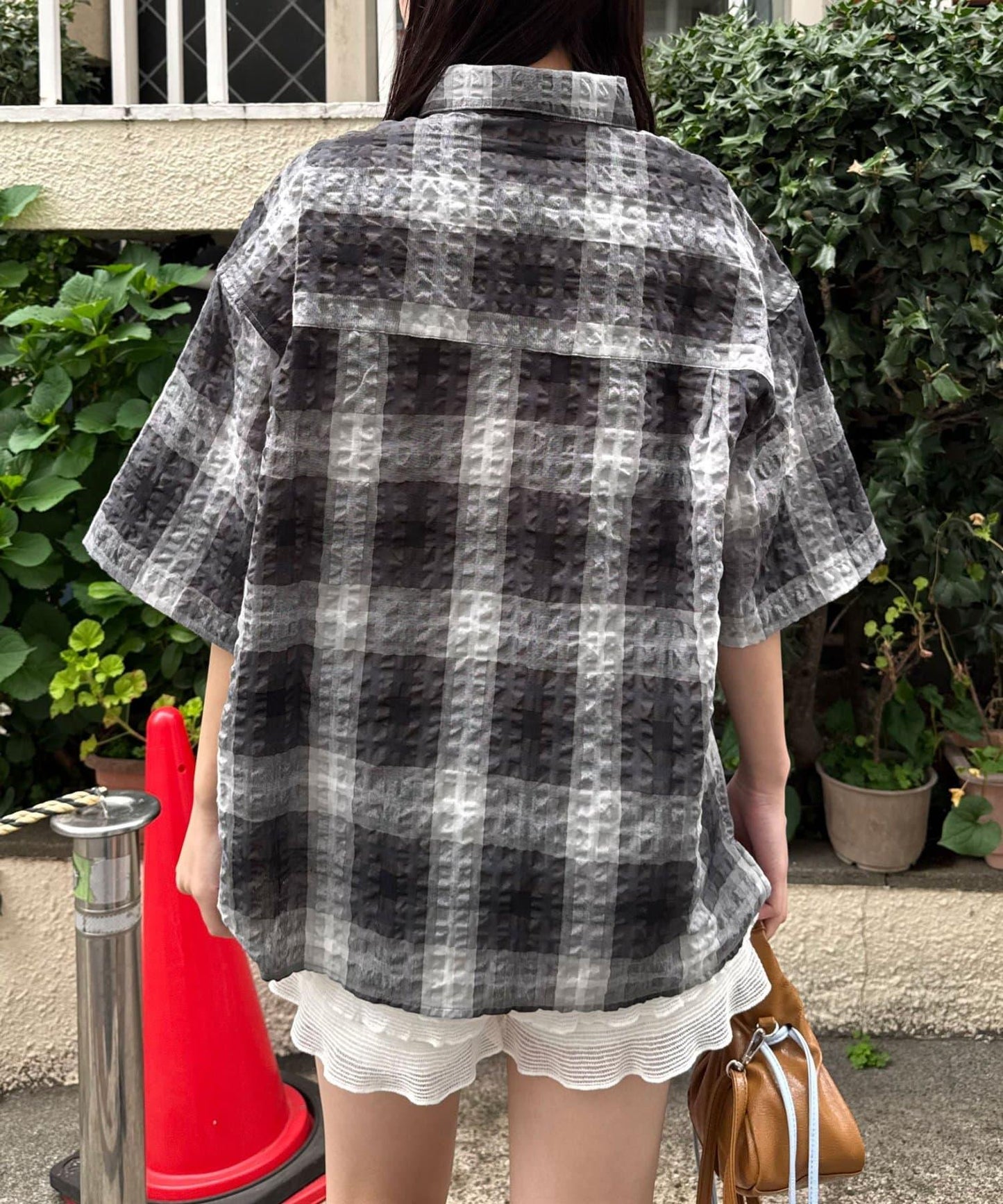 格紋泡泡紗短袖襯衫