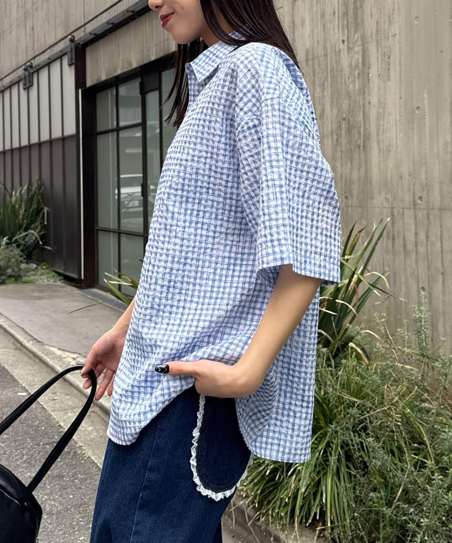 格紋泡泡紗短袖襯衫