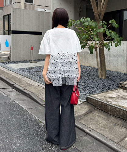 波點網紗拼接 學院風Logo印花 T恤