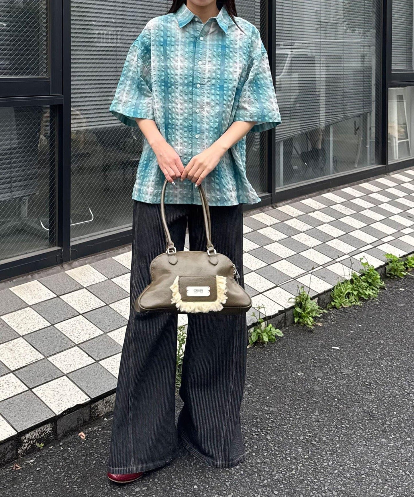 格紋泡泡紗短袖襯衫