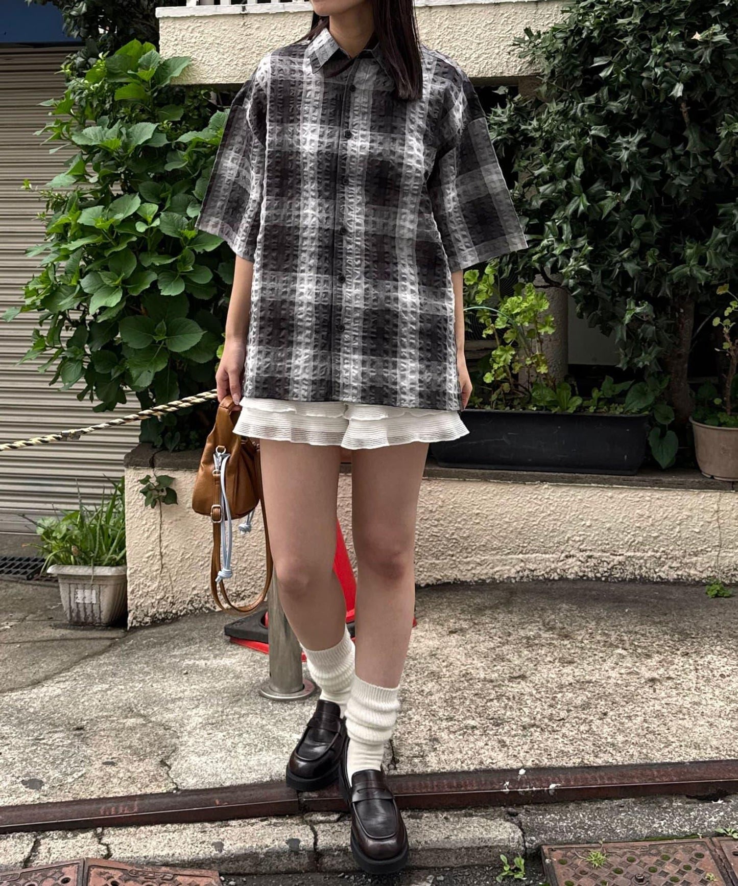 格紋泡泡紗短袖襯衫