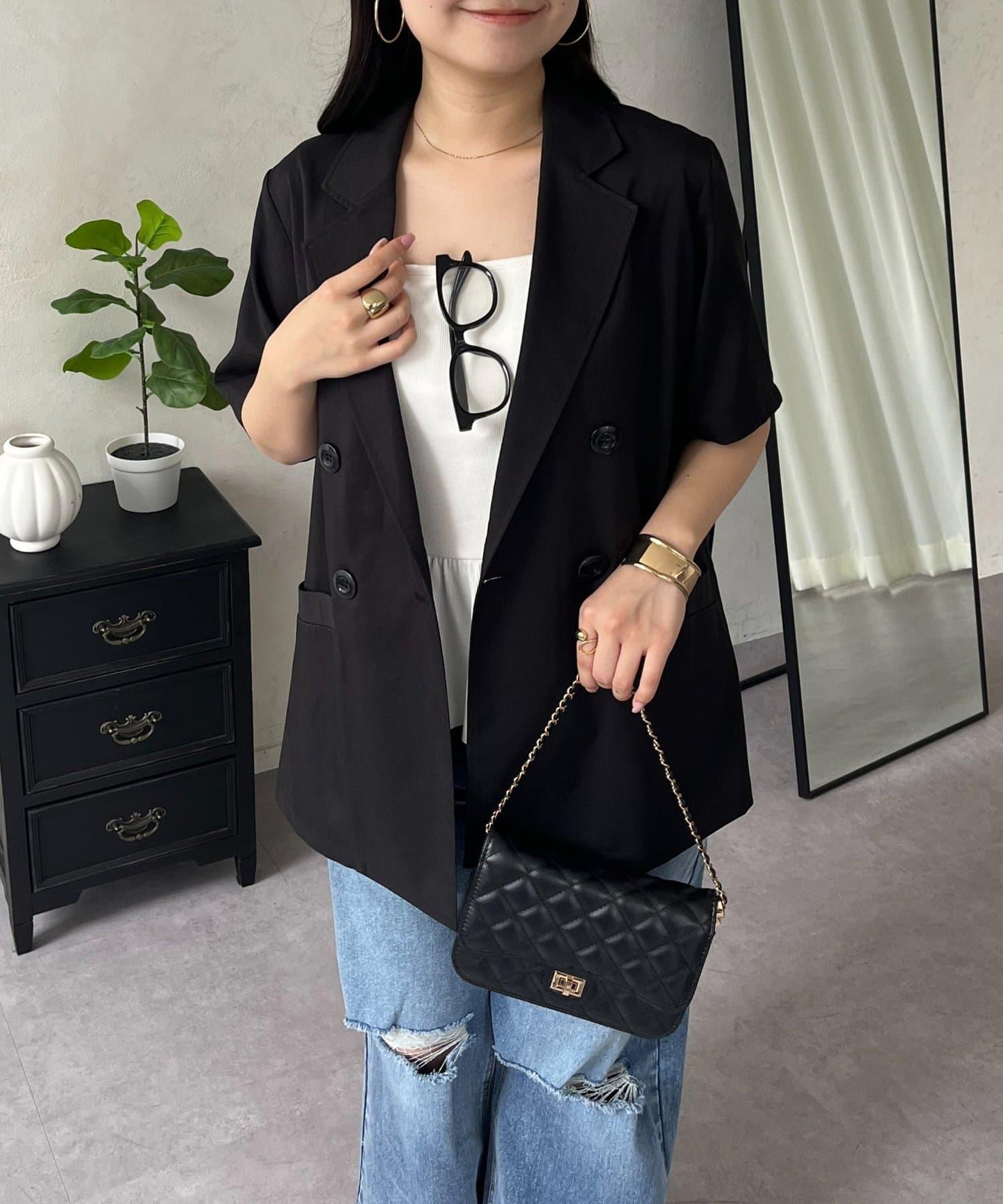 麻感雙排扣短袖襯衫夾克