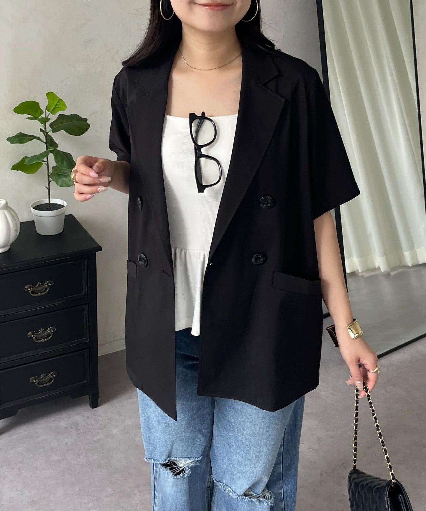 麻感雙排扣短袖襯衫夾克