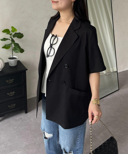 麻感雙排扣短袖襯衫夾克