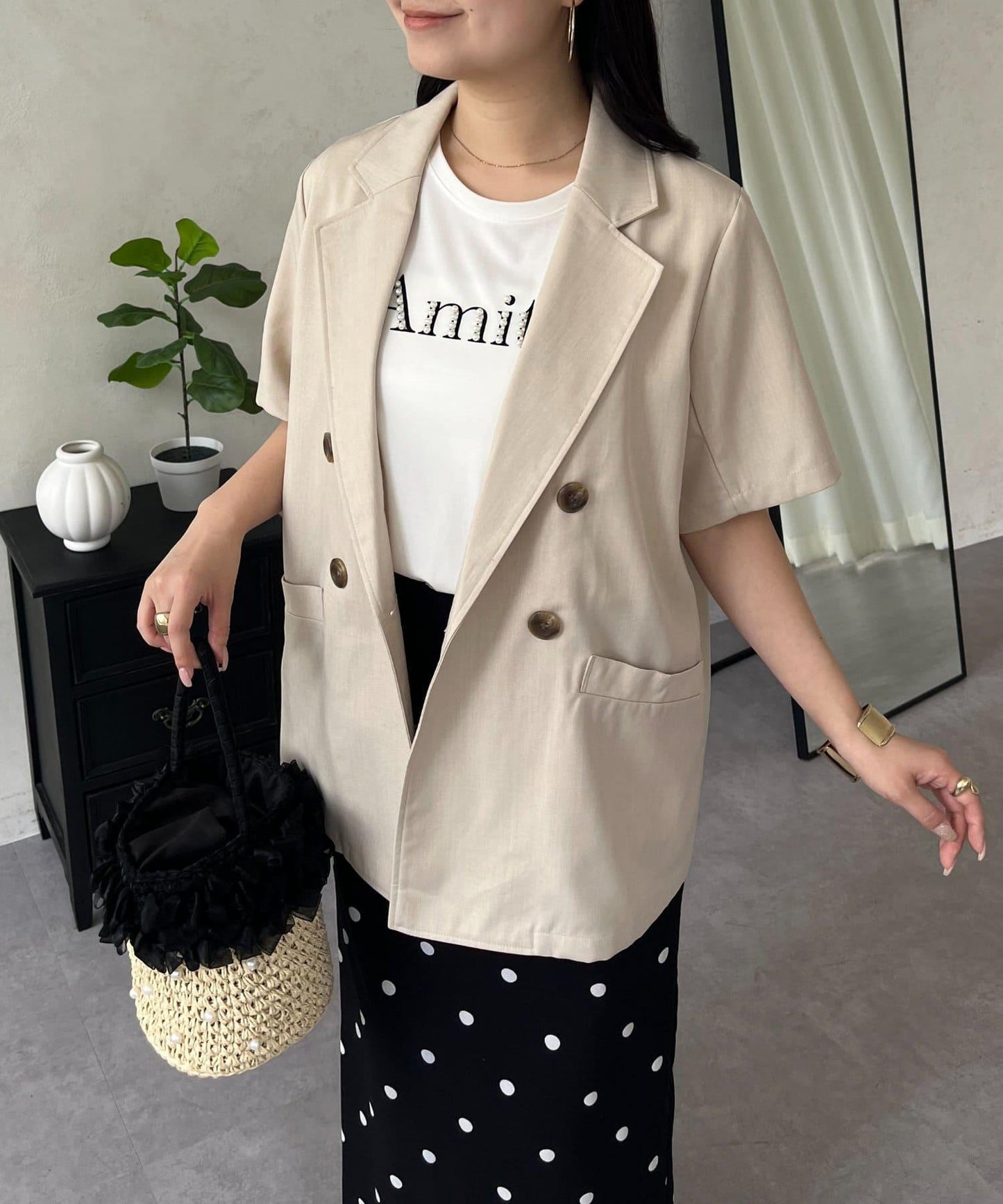 麻感雙排扣短袖襯衫夾克
