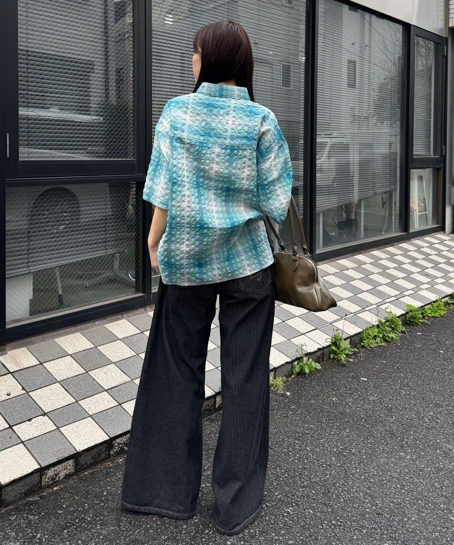 格紋泡泡紗短袖襯衫