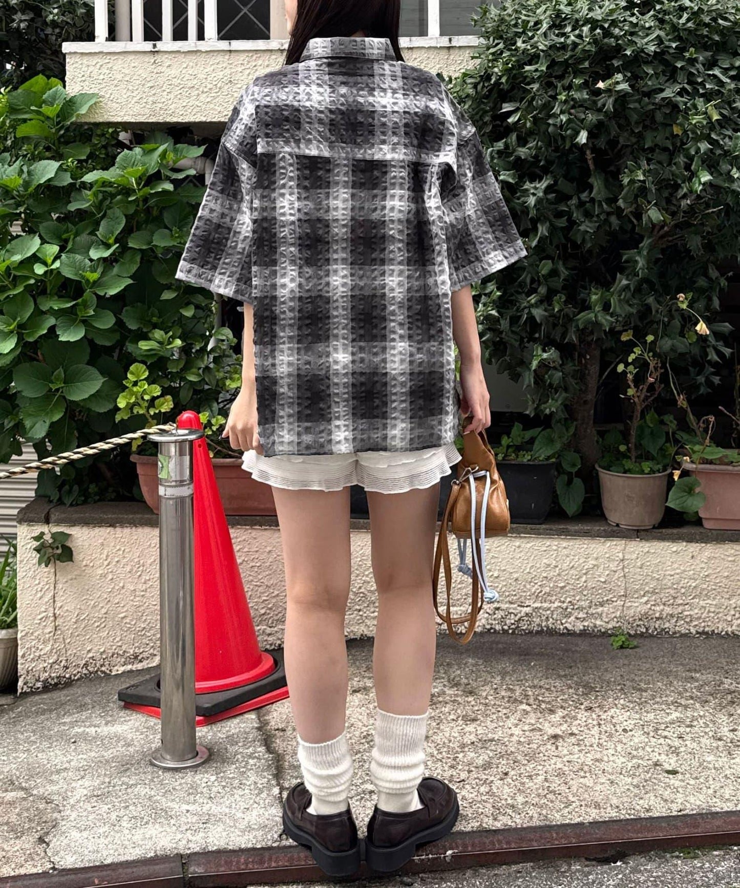 格紋泡泡紗短袖襯衫