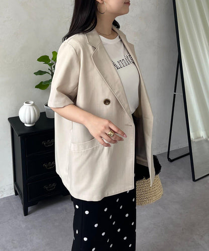 麻感雙排扣短袖襯衫夾克