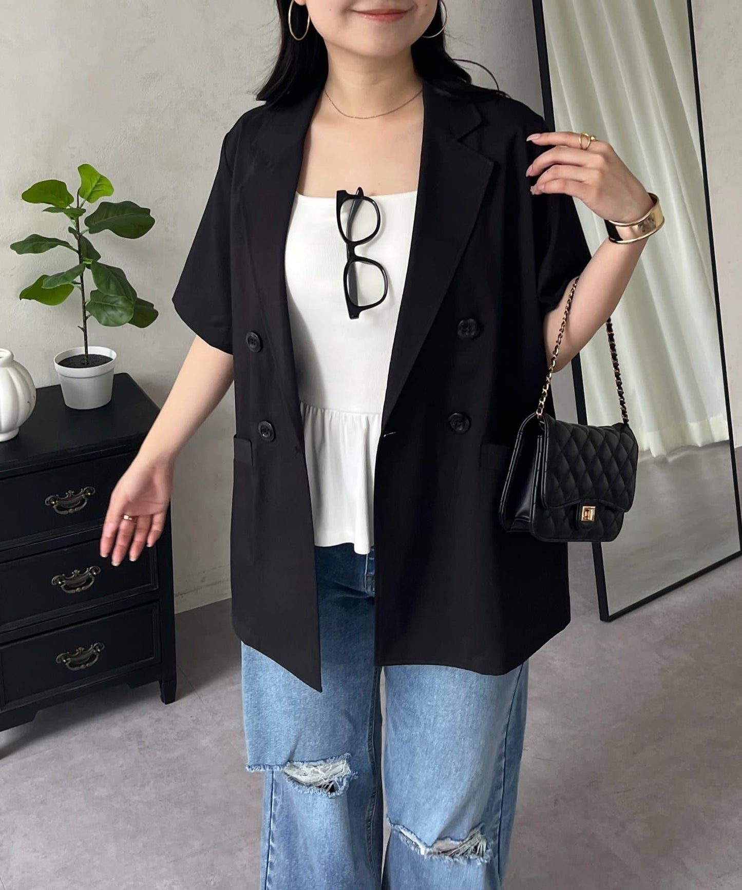 麻感雙排扣短袖襯衫夾克
