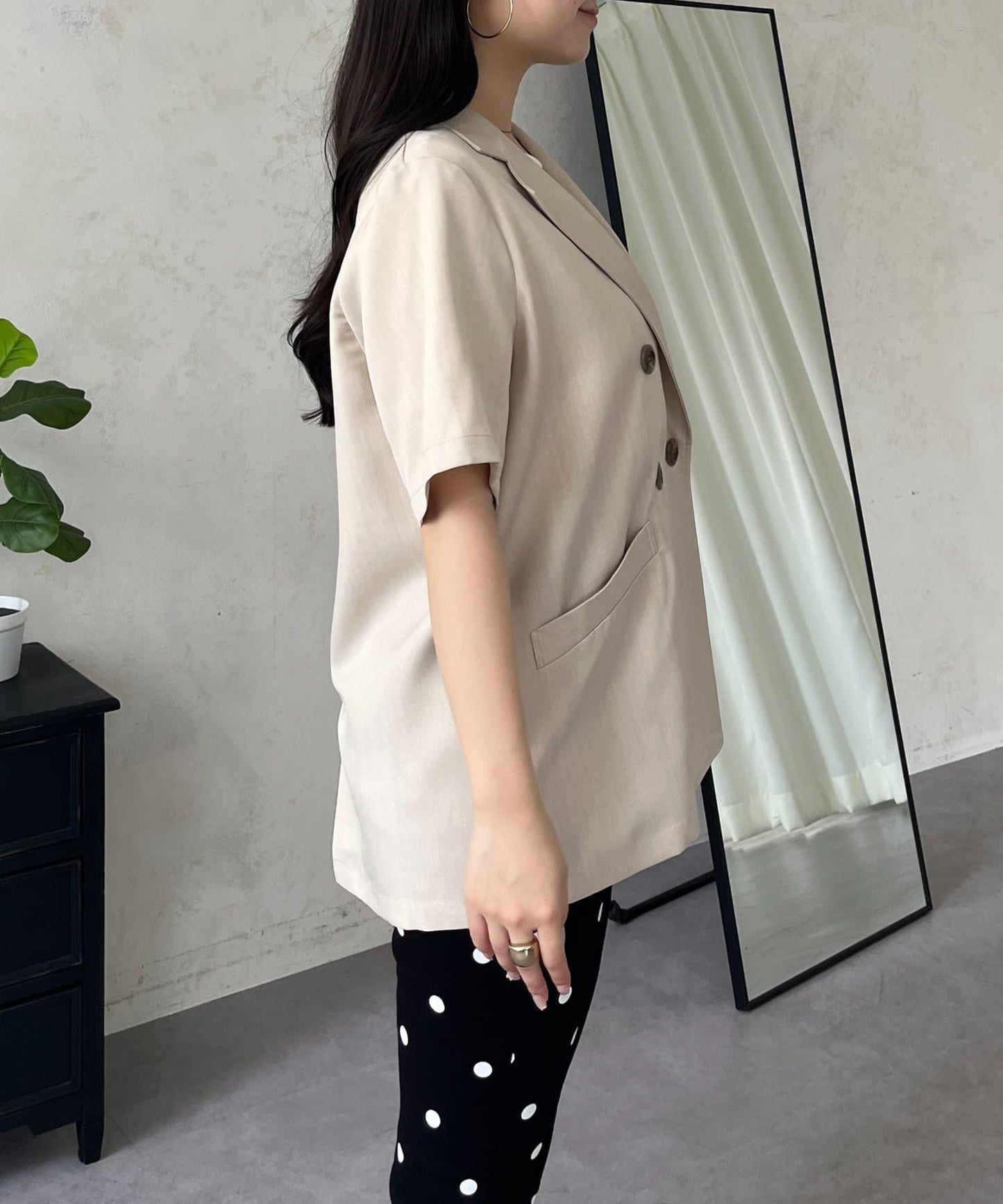 麻感雙排扣短袖襯衫夾克