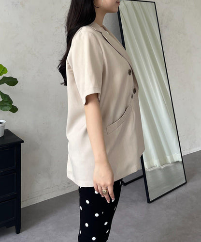 麻感雙排扣短袖襯衫夾克