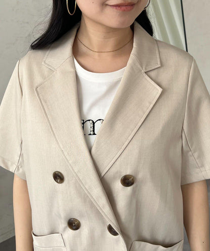 麻感雙排扣短袖襯衫夾克