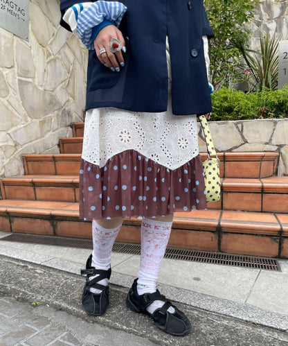 Ciaopanic 裙襬網紗波點蕾絲半身裙