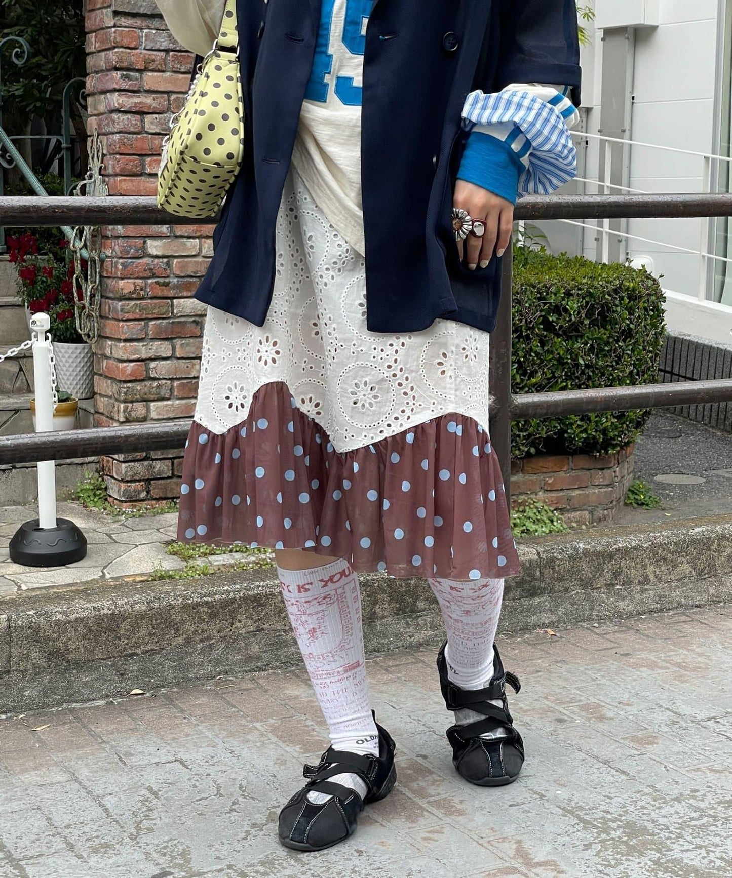 Ciaopanic 裙襬網紗波點蕾絲半身裙
