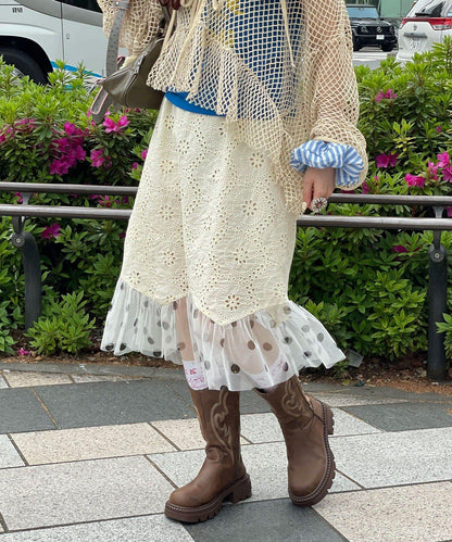 Ciaopanic 裙襬網紗波點蕾絲半身裙