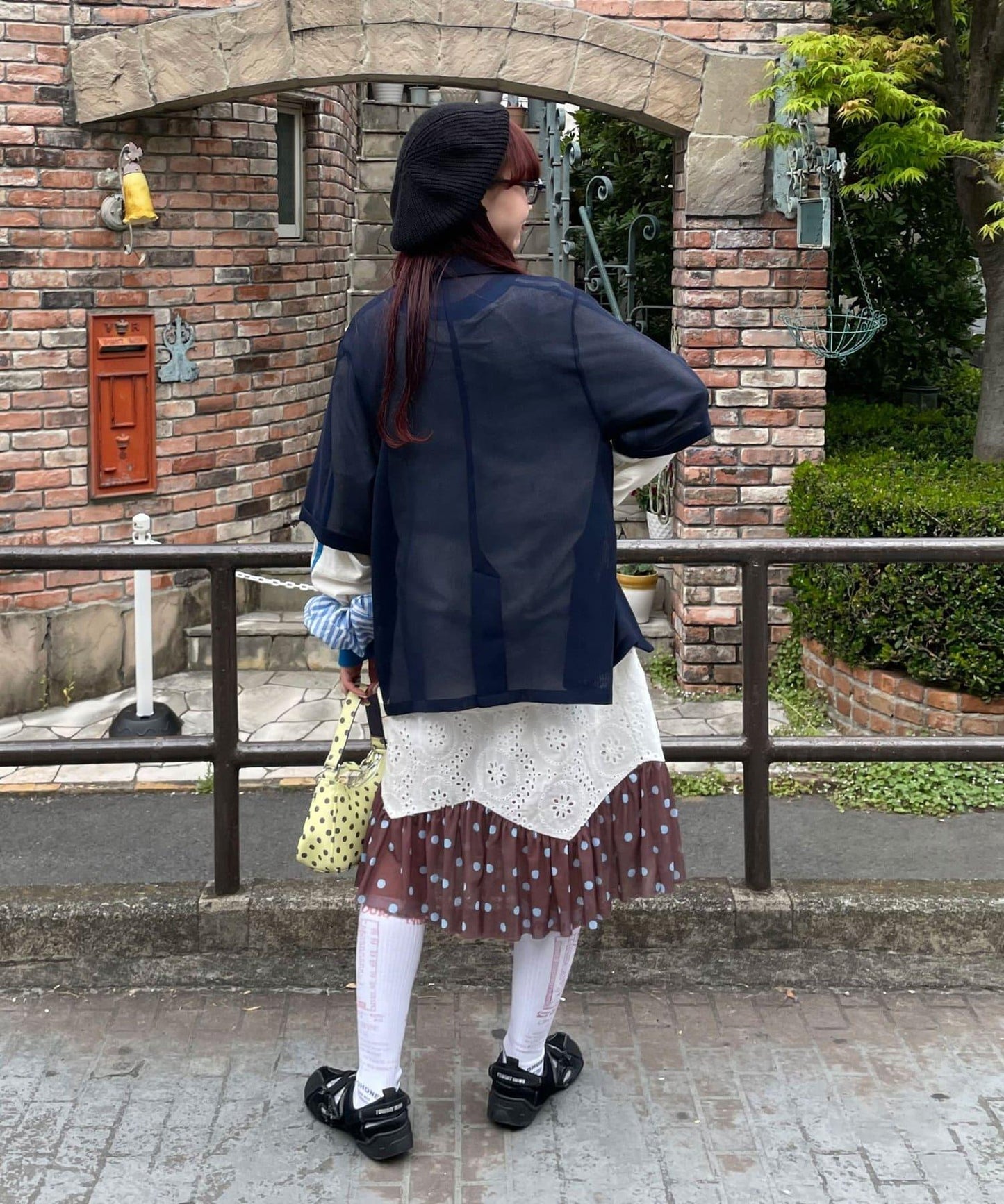 Ciaopanic 裙襬網紗波點蕾絲半身裙