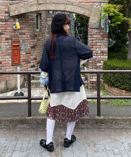 Ciaopanic 裙襬網紗波點蕾絲半身裙