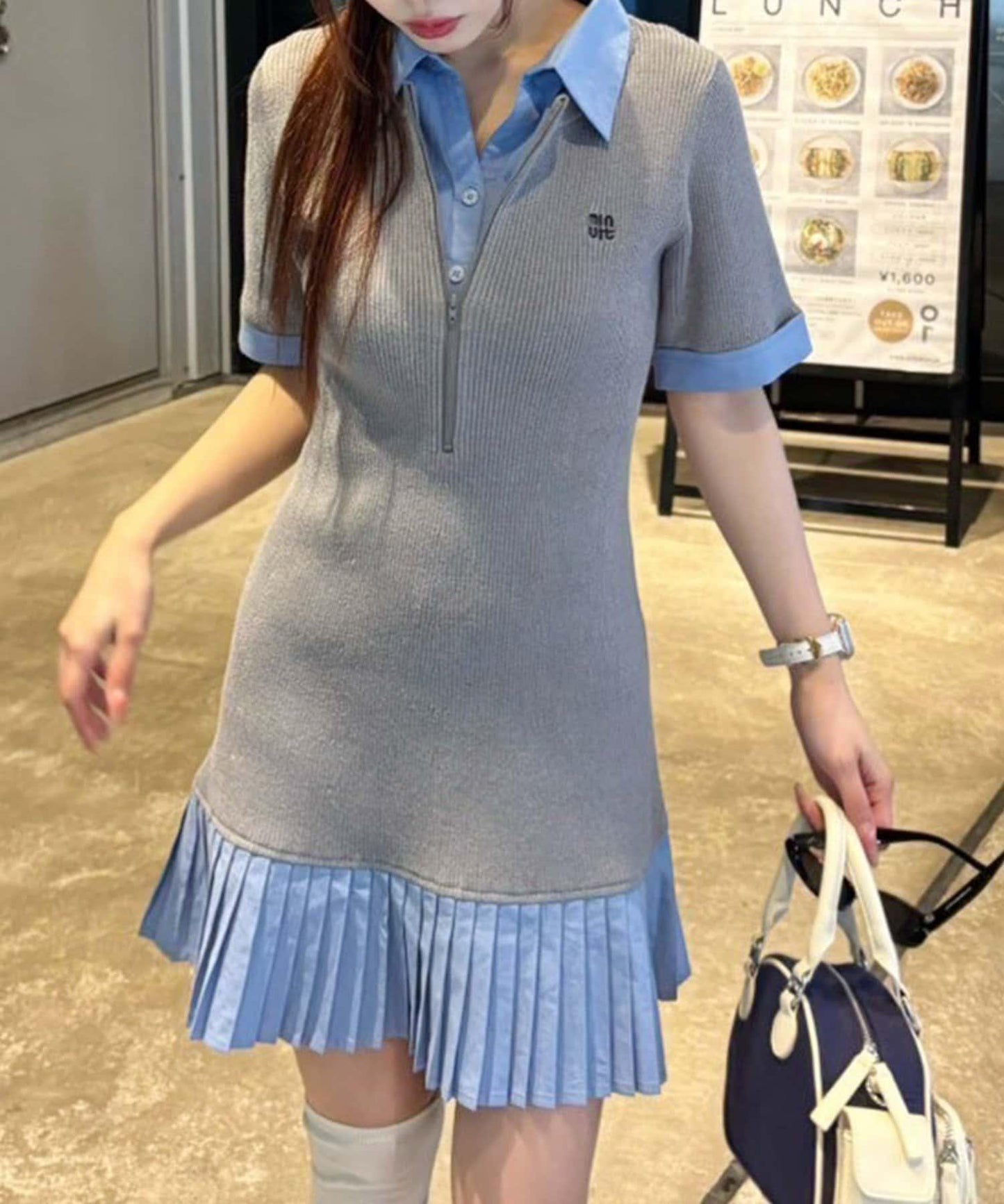 one after another 拼接百褶短袖連衣裙