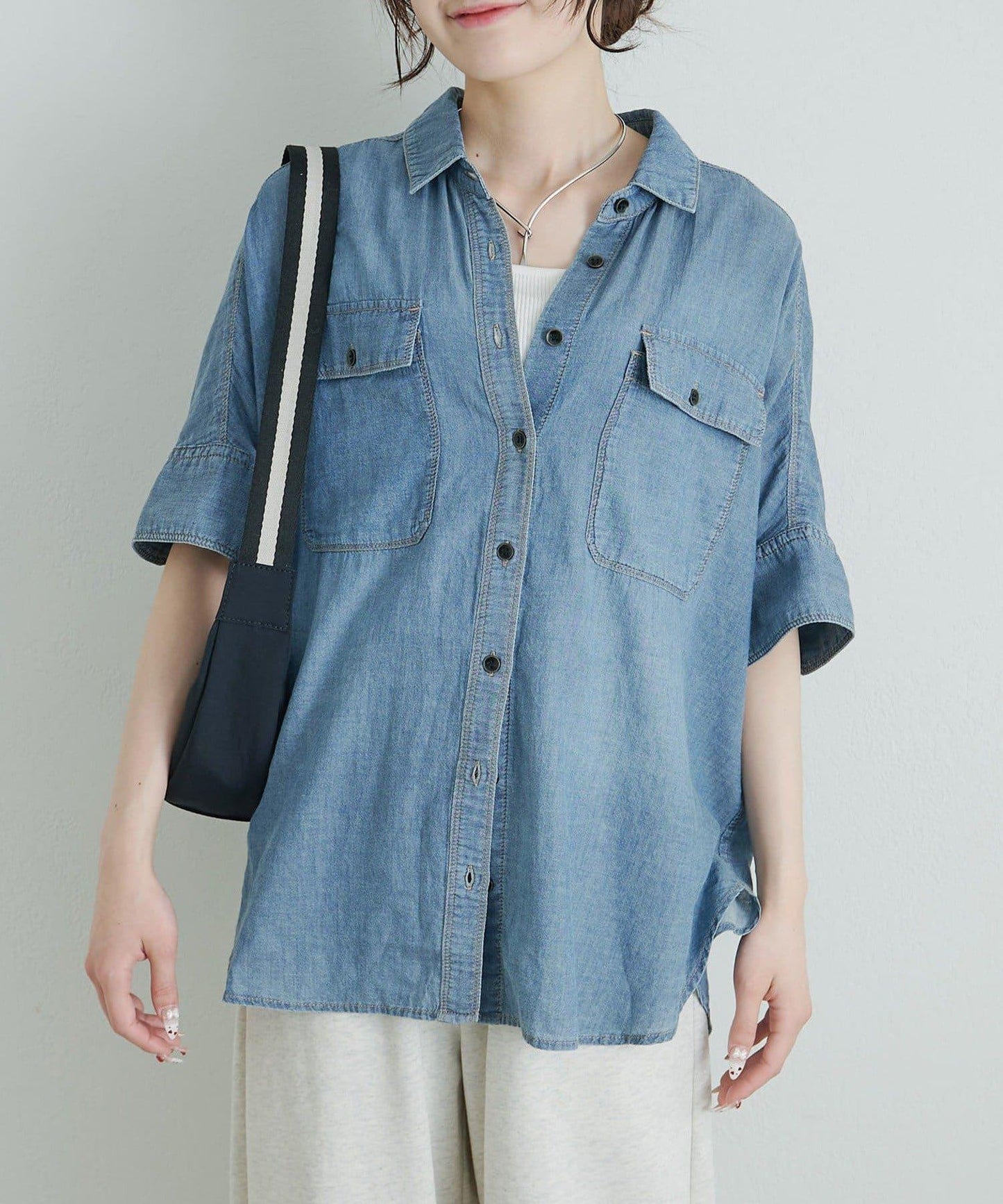 透視牛仔短袖襯衫