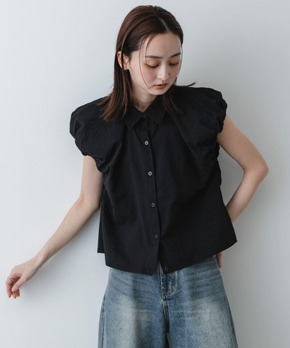 透感泡泡紗 蓬袖 襯衫