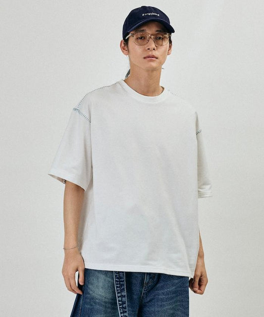 ボックスシルエット 配色ステッチ クルーネック Tシャツ