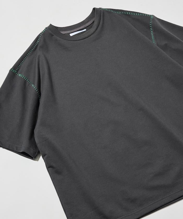 ボックスシルエット 配色ステッチ クルーネック Tシャツ