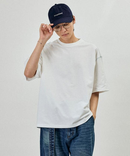 ボックスシルエット 配色ステッチ クルーネック Tシャツ