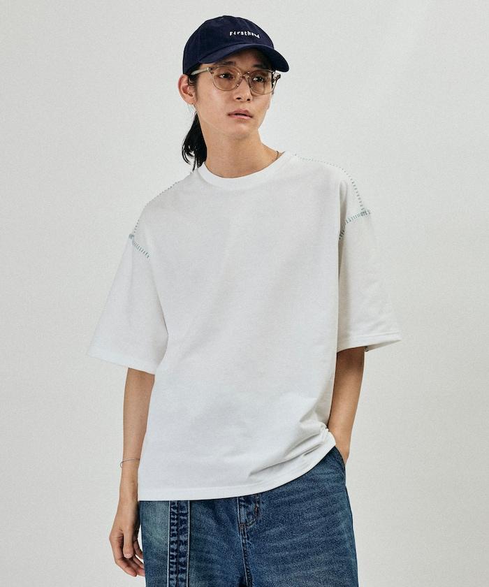 ボックスシルエット 配色ステッチ クルーネック Tシャツ