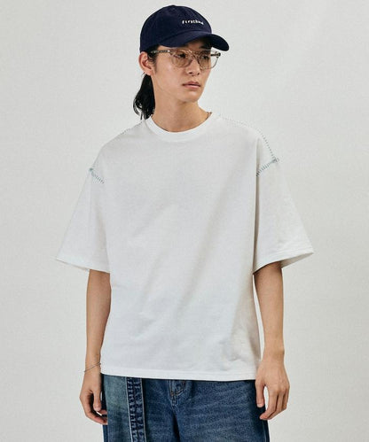 ボックスシルエット 配色ステッチ クルーネック Tシャツ