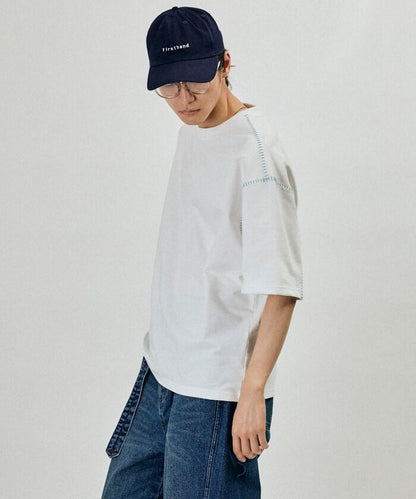 ボックスシルエット 配色ステッチ クルーネック Tシャツ