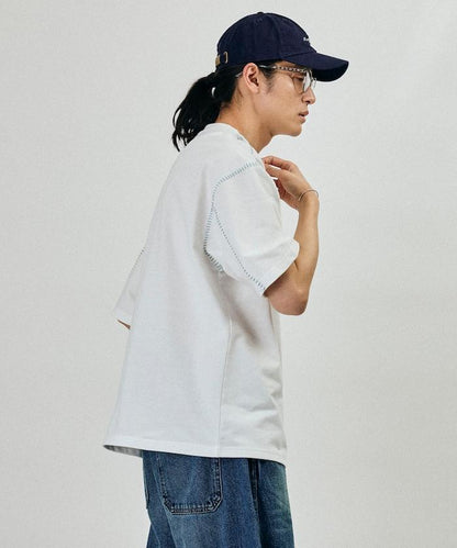ボックスシルエット 配色ステッチ クルーネック Tシャツ