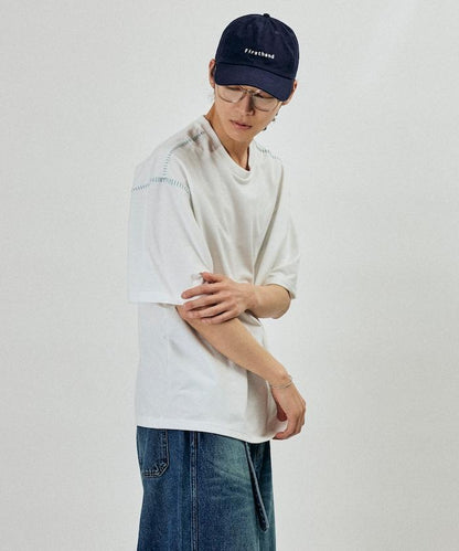 ボックスシルエット 配色ステッチ クルーネック Tシャツ