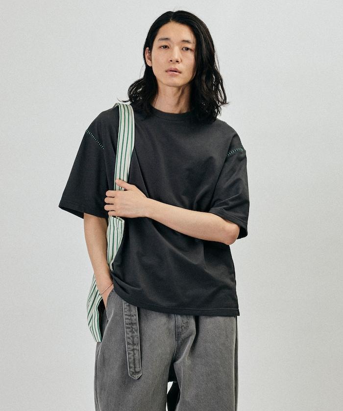 ボックスシルエット 配色ステッチ クルーネック Tシャツ