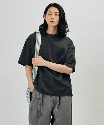ボックスシルエット 配色ステッチ クルーネック Tシャツ