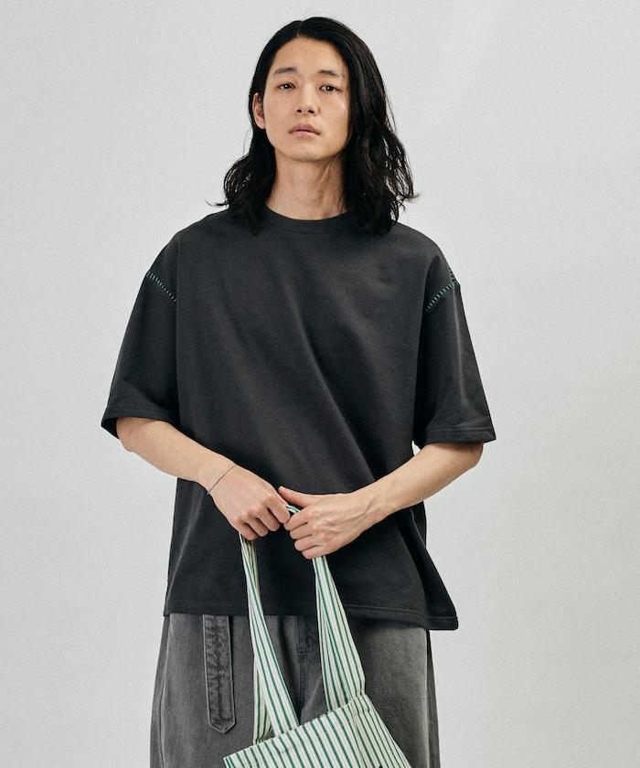 ボックスシルエット 配色ステッチ クルーネック Tシャツ
