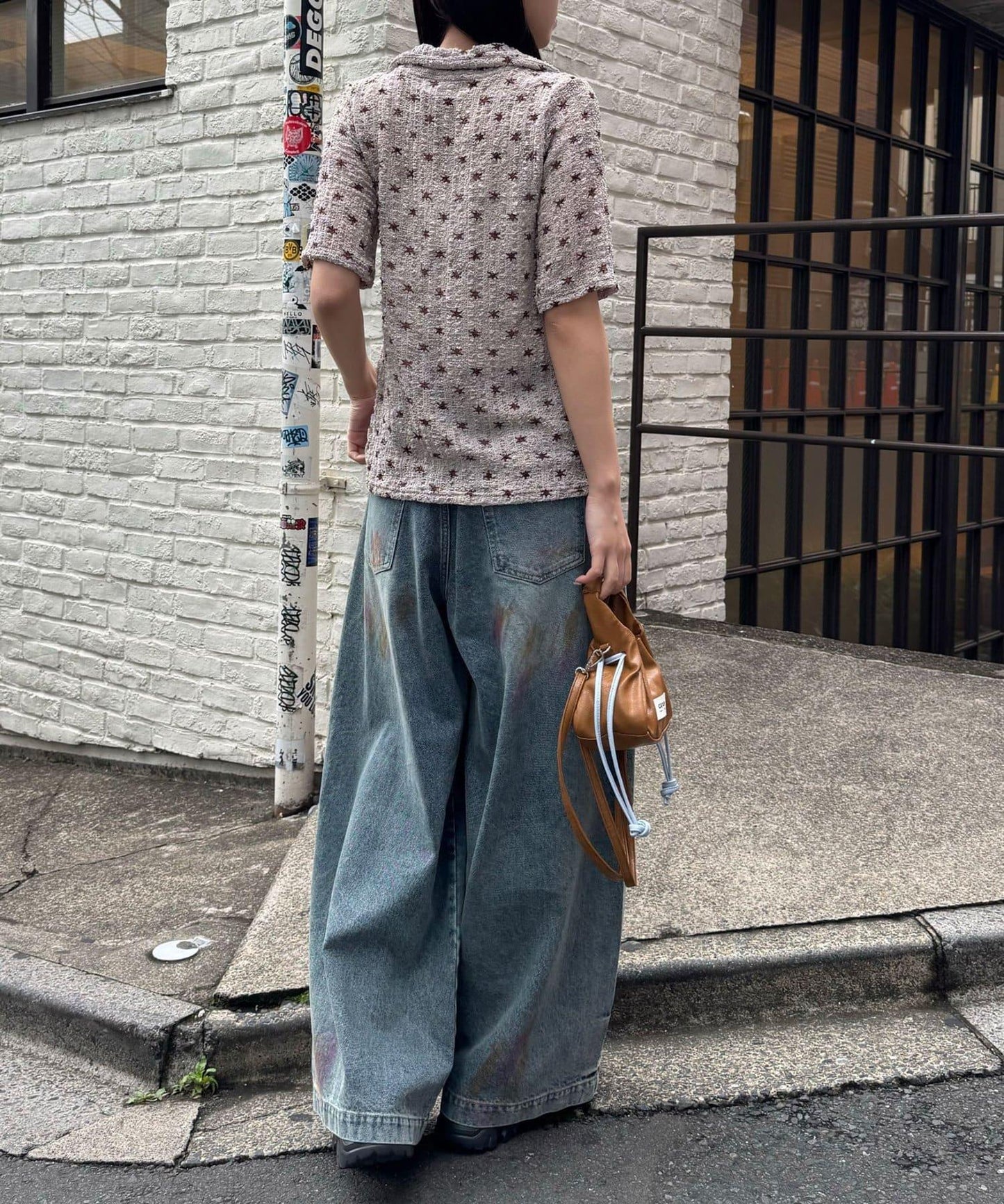 噴塗做舊破壞設計 闊腿 牛仔褲