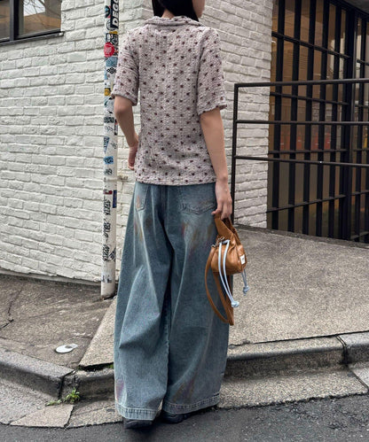 噴塗做舊破壞設計 闊腿 牛仔褲
