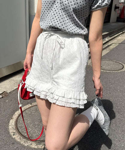 棉質蕾絲層疊設計短褲