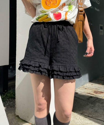 棉質蕾絲層疊設計短褲