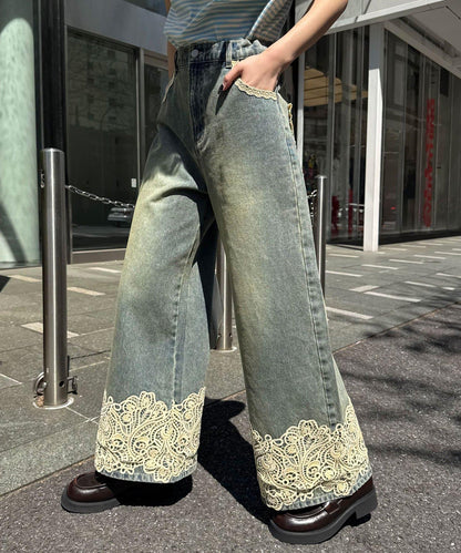 褲腳蕾絲闊腿直筒牛仔褲