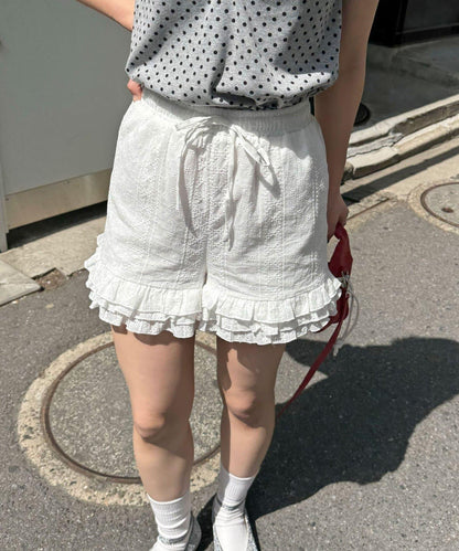 棉質蕾絲層疊設計短褲