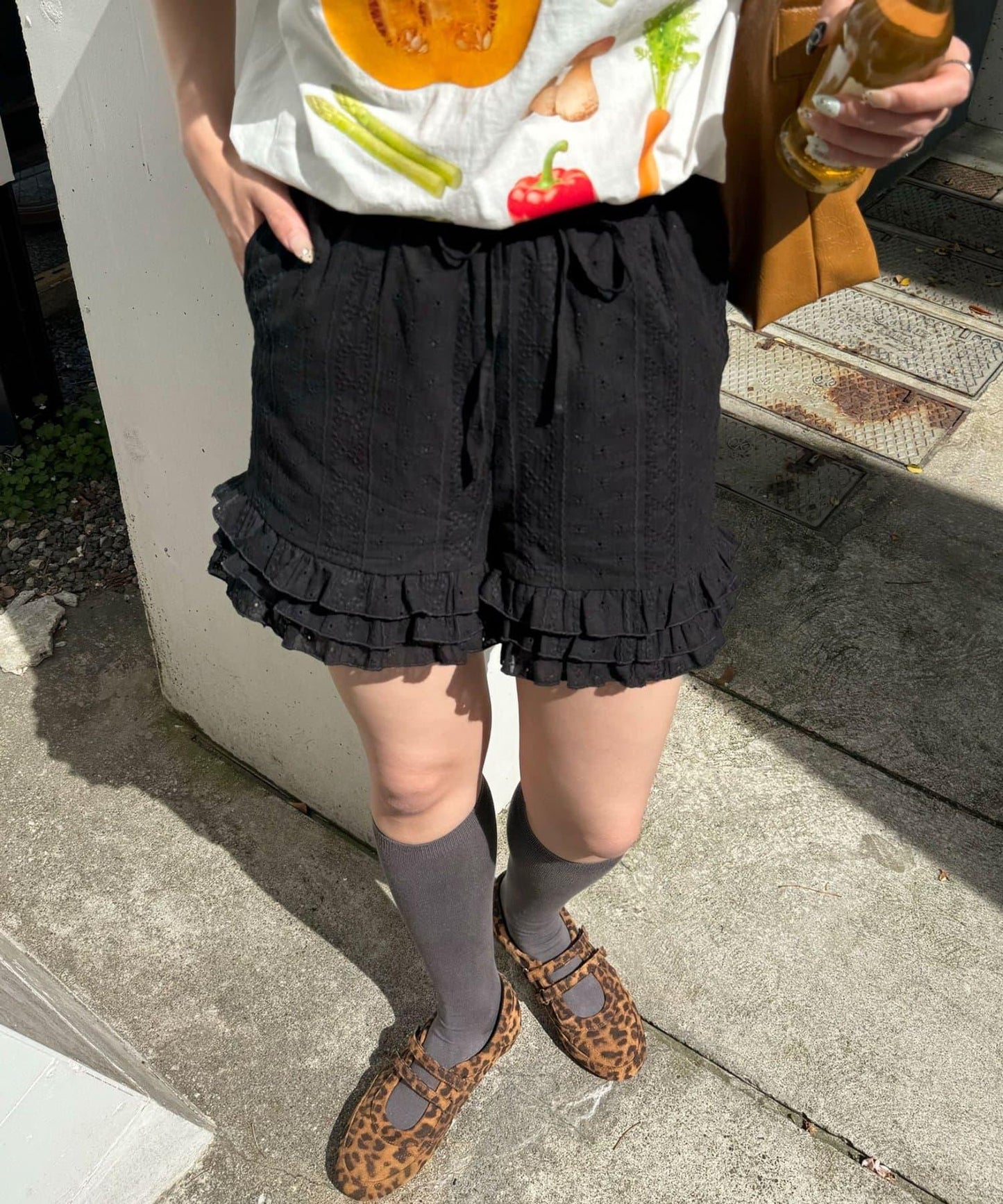 棉質蕾絲層疊設計短褲