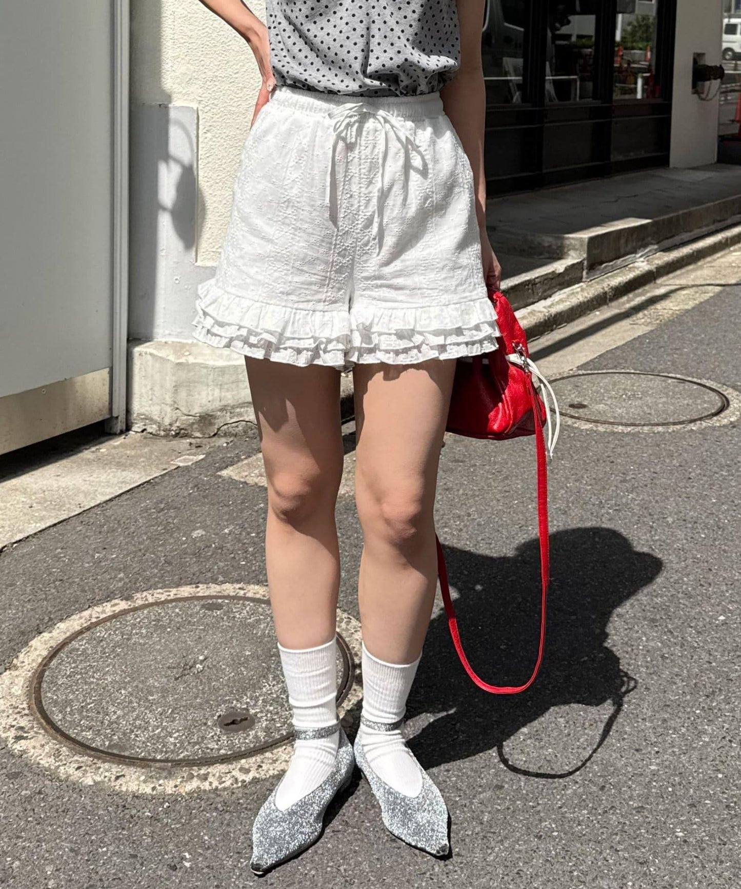 棉質蕾絲層疊設計短褲