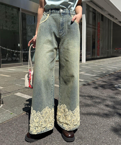 褲腳蕾絲闊腿直筒牛仔褲
