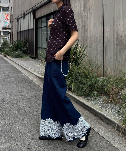 褲腳蕾絲闊腿直筒牛仔褲