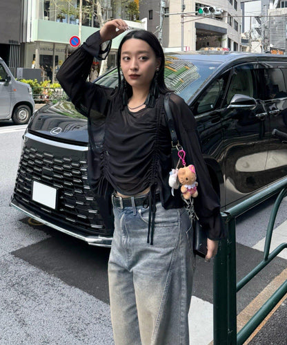 大理石紋印花 喇叭袖 透視上衣