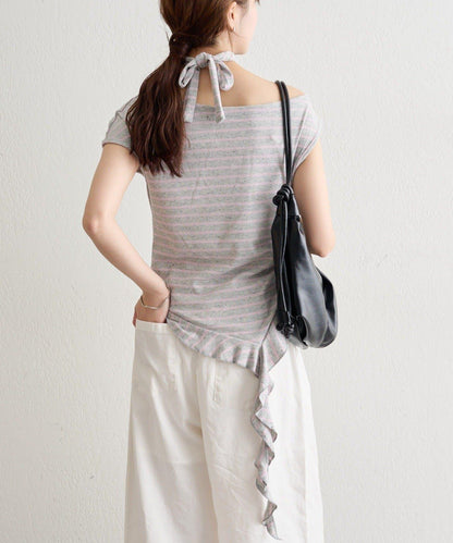 單肩下襬荷葉邊 針織上衣