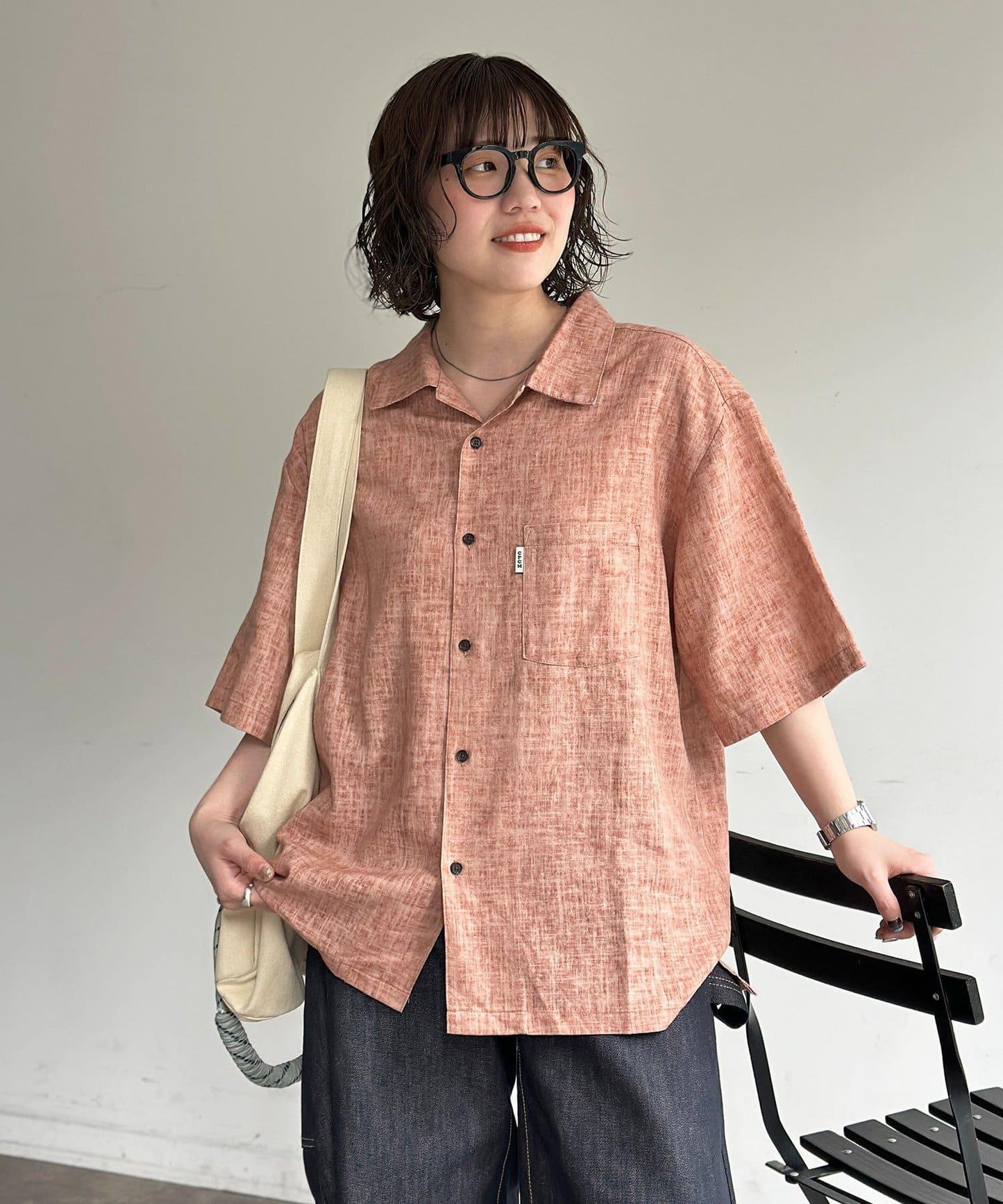 顏料染亞麻短袖開襟襯衫
