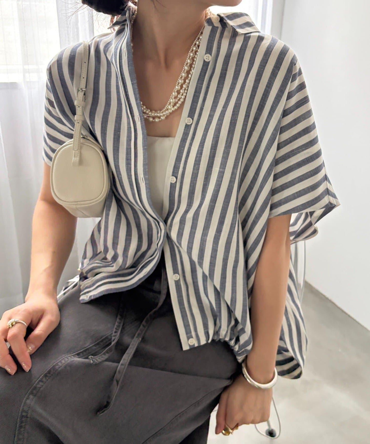 亞麻條紋抽繩女襯衫